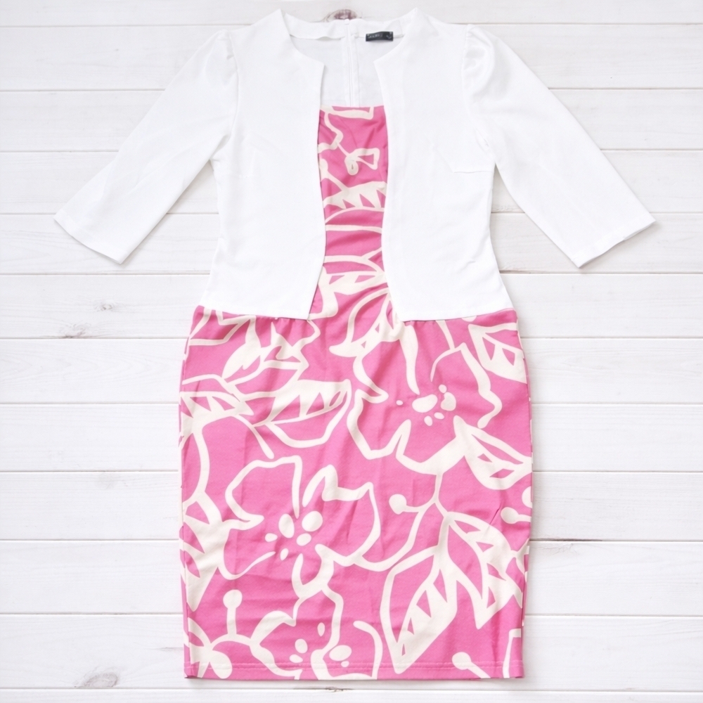 Izuria White Fuchsia Floral Color Block Half Sleeve Dress Large New Without Tags